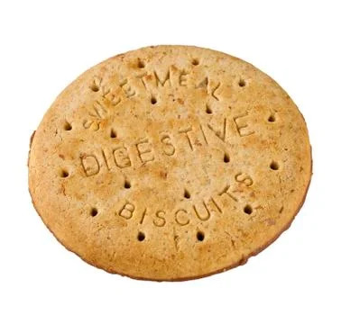 BACK OF CHOCOLATE DIGESTIVE BISCUIT ISOLATED ON WHITE BACKGROUND Stock Photos