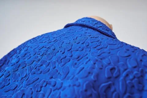 Back collar and back of blue jacket in fabric with design Stock Photos