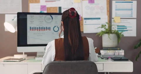 Back, computer screen and infographic with business woman in office for social Video stock 316213864