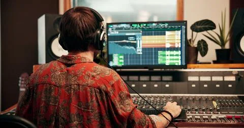 Back, computer screen and music with man in recording studio for production.. Stock Photos