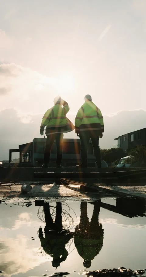 Back, construction and team celebration on site for foundation finish Stock Footage 336230389