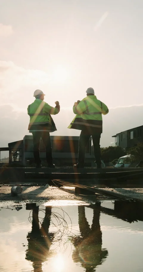 Back, construction and team high five on site for foundation finish, inspection Stock Footage 336239371