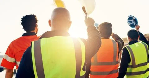 Back, construction site and team celebration for foundation finish, inspect.. Stock Photos