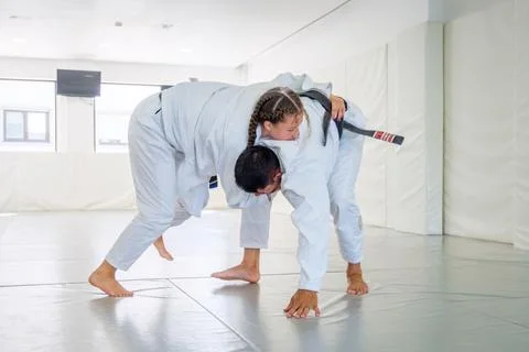 Back control from standing during jiu jitsu sparring Stock-Fotos