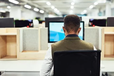 Back, creative and black man on computer screen in office for web design Foto stock