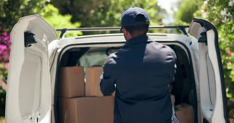 Back, delivery man and boxes in van outdoor of ecommerce courier, product Stock Footage 294842199