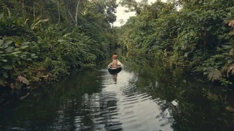 Back drone shot of a tribe man in a canoe Stock Footage 270470315