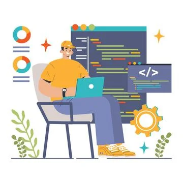 Back-end development. Coding, software engineering or programming Stock Illustration