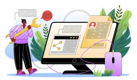 Back end development. Man with huge wrench stands near computer screen. IT Stock Illustration