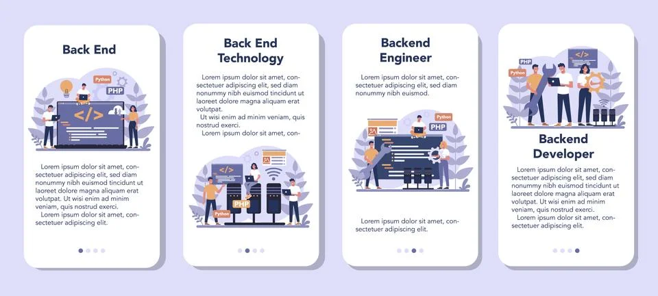 Back end development mobile application banner set. Software 스톡 일러스트