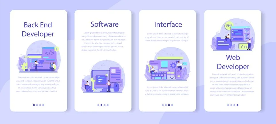 Back end development mobile application banner set. Software development process Stock Illustration