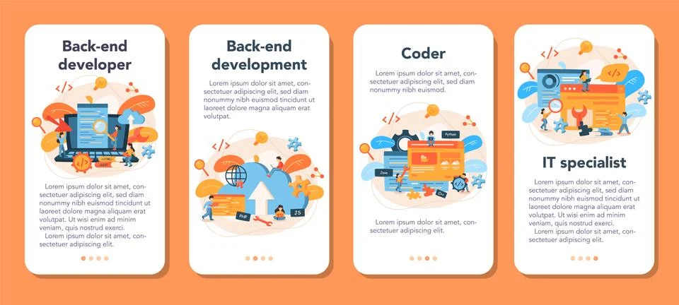 Back end development mobile application banner set. Software Stock Illustration