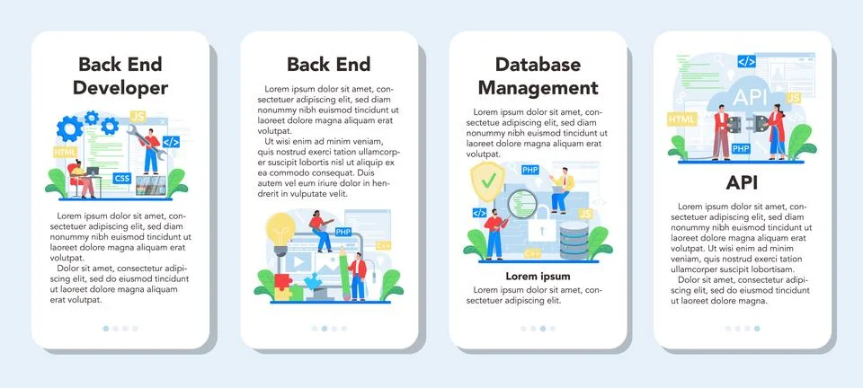 Back end development mobile application banner set. Software development 스톡 일러스트