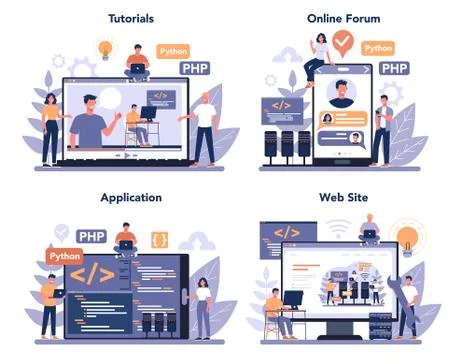 Back end development online service or platform set. Software Stock Illustration