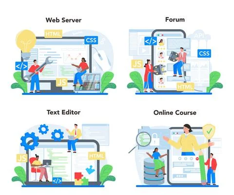 Back end development online service or platform set. Software development Illustrazione stock