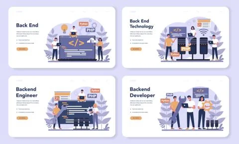 Back end development web banner or landing page set. Software Stock Illustration