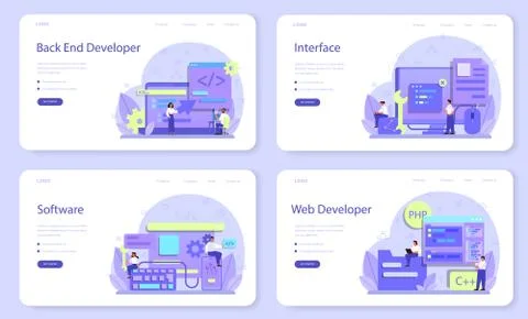 Back end development web banner or landing page set. Software development Stock Illustration