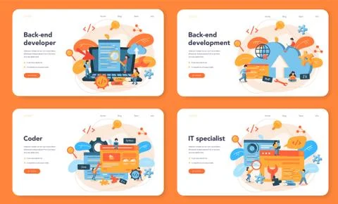Back end development web banner or landing page set. Software 스톡 일러스트