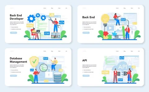 Back end development web banner or landing page set. Software development Stock Illustration