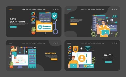 Back-end development web banner or landing page dark or night mode set Stockillustratie