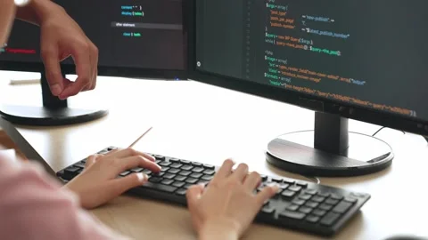 Back end or software developer manager supervising coding. Burgeoning Stock Footage 275569458