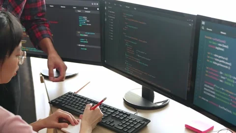 Back end or software developer manager supervising coding. Burgeoning Stock Footage 278548004