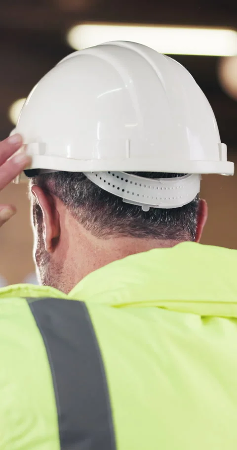 Back, engineer or man in building with helmet, manual labor safety regulations Stock Footage 340604018