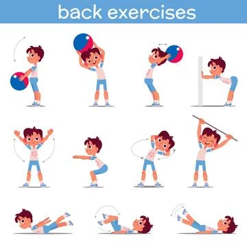 Back exercises. The little boy is exercising. Physical exercises for good pos Stock Illustration