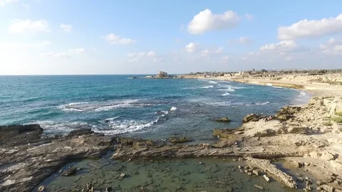 Back Fly-over the Caesarea Palace Ruins. Israel. DJI-0018-02 動画素材 98515350