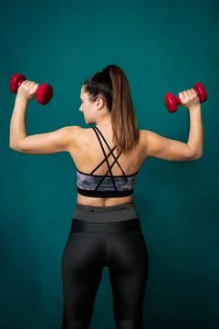Back of a girl performs exercises using dumbbells. Stock Photos