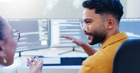 Back, happy and team at computer for code, web development and brainstorming for Stock Photos