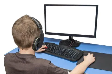 Back of the head view of a boy looking at computer screen Stock Photos