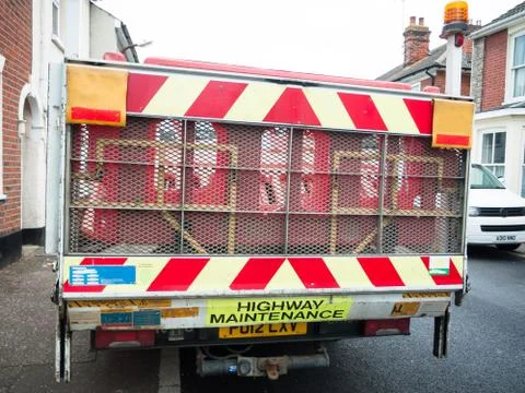 Back of highway maintenance van outside construction Stock Photos