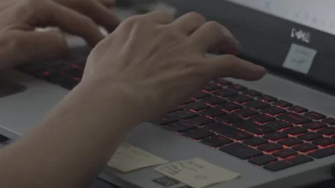 Back illuminated laptop keyboard, typing skills, slow motion scenery Stock Footage 292764040