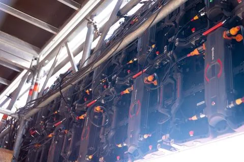Back of LED panels on truss with cable Stockfoto's