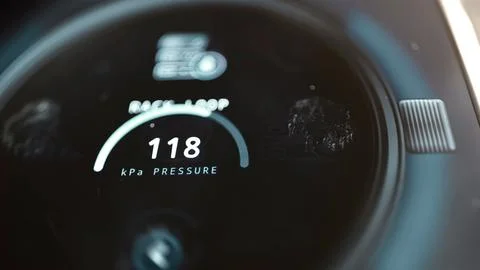 Back loop pressure gauge reading 118 kPa Foto stock