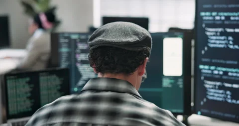Back, man and computer screen in office with code, programming and script for Video stock 346758461
