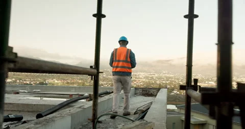 Back, man and engineer at site for construction, inspection and safety check for Stock Footage 342746256