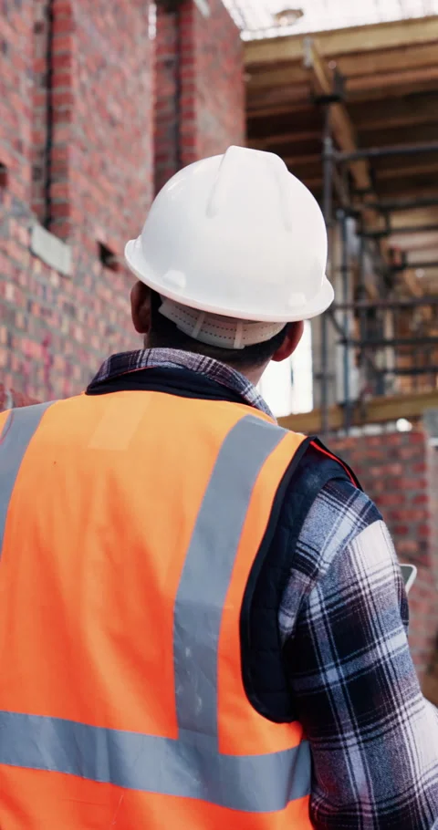 Back, man and inspection with tablet on construction site for safety, progress Stock Footage 336264095
