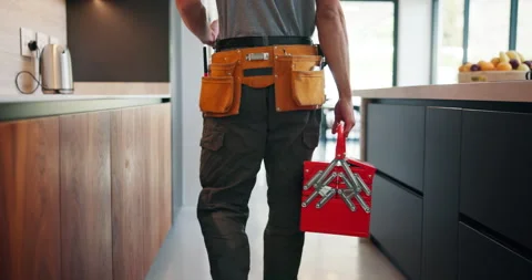 Back, man and plumber with toolbox in kitchen for inspection, maintenance and Stock Footage 335109683