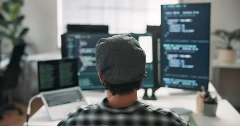 Back, man and programmer in office with computer, running code and problem Stock-Footage 346801959