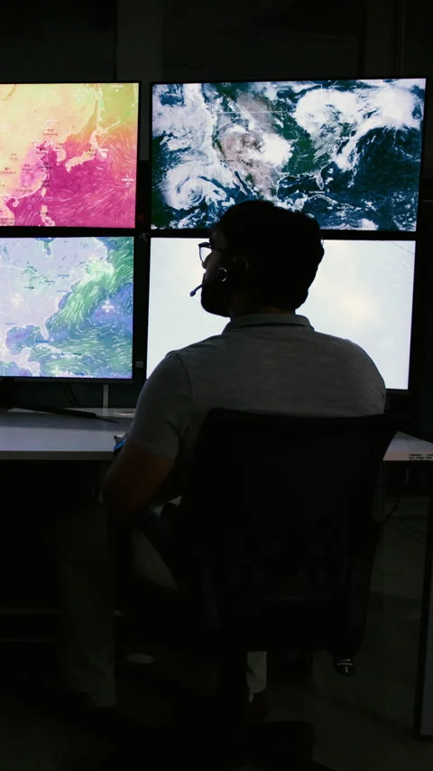Back, man and screen with satellite in control room to monitor weather, climate Stock Footage 319246644