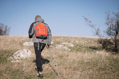 Back of man wearing backpack hiking a mount Foto stock