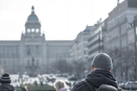 The Back Of A Man's Head In Front Of the National Museum, Wenceslas Square, P Stock Photos