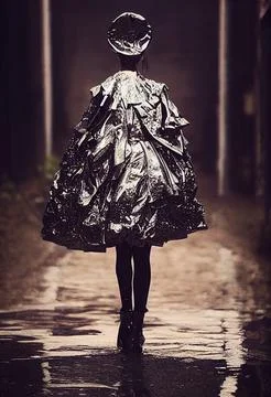 Back of a model walking through puddles with black garbage bag coat or dress Illustrazione stock