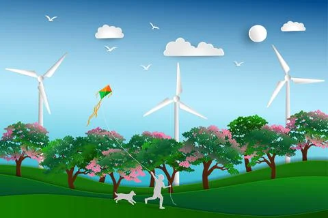 Back to nature and save the environment concept,Happy child playing kite in t Stock Illustration