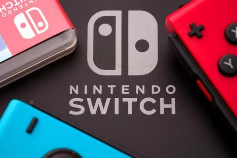 Back of Nintendo Switch video game console with Nintendo Switch logo Stock Photos