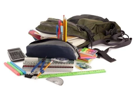 Back pack with school supplies Stock Photos