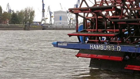 The back of a paddle steamer at Hamburg harbor Stock Footage 81099770
