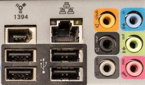 Back panel connectors of a computer motherboard Stock Photos
